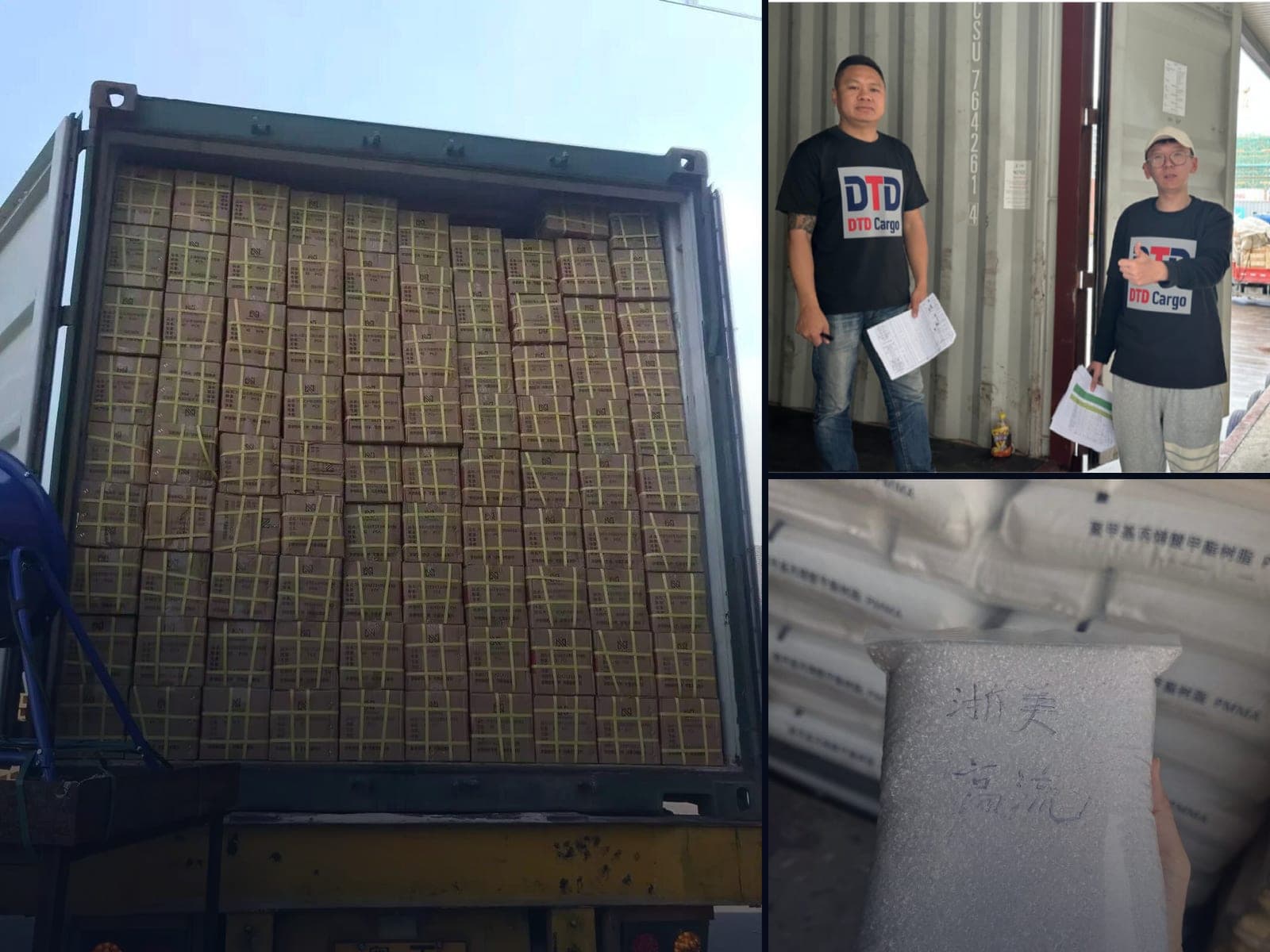 Operación de DTD Cargo en Yiwu: un contenedor estibado de piso a techo con cajas de varios clientes, el equipo con camisa DTD Cargo revisando los listados junto al contenedor y sacos rotulados en chino listos para consolidar